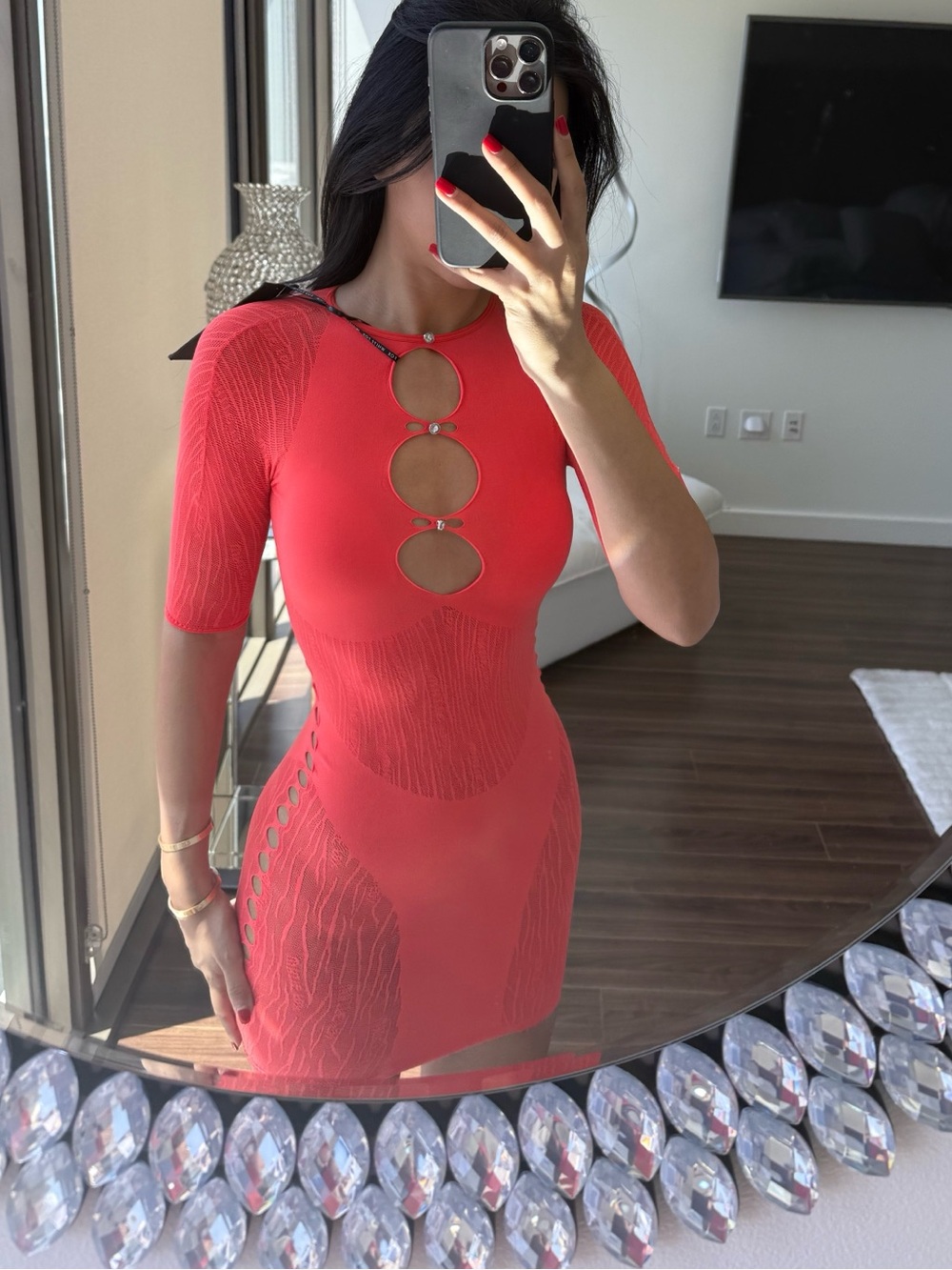 White Fox Boutique Red Mini Dress with Front Ring Cutouts